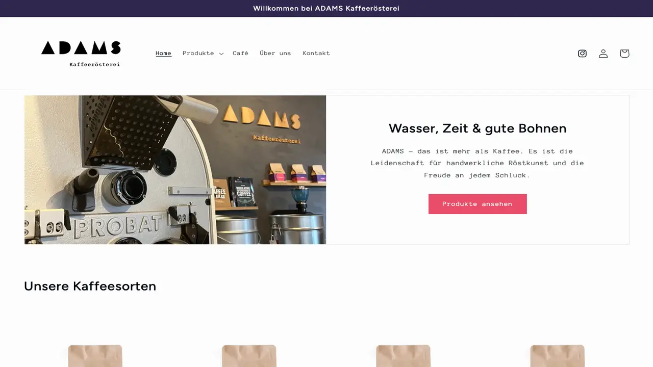 Website der ADAMS Kaffeerösterei