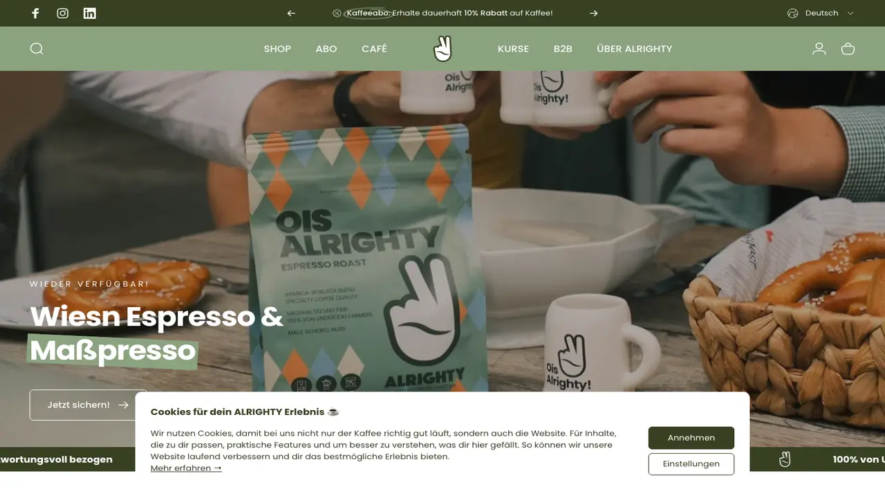 Website der ALRIGHTY Roastery & Coffee Shop