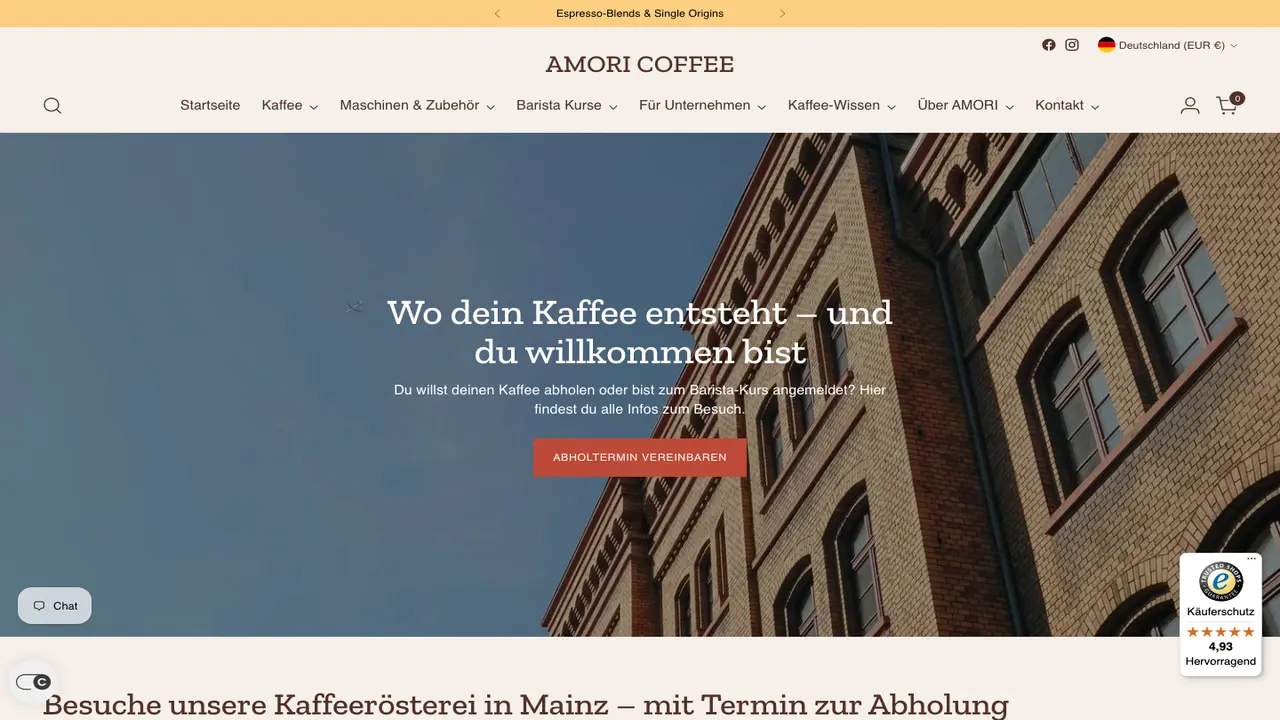 Website der AMORI Coffee Kaffeerösterei