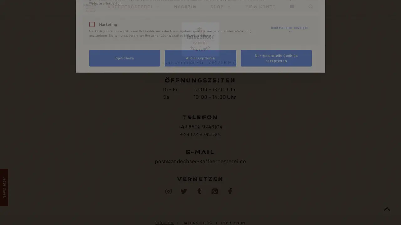 Website der Andechser Kaffeerösterei