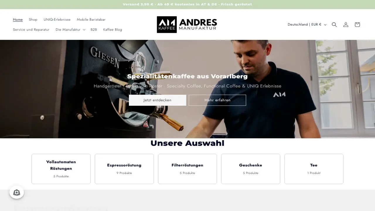 Website der Andres Kaffeemanufaktur
