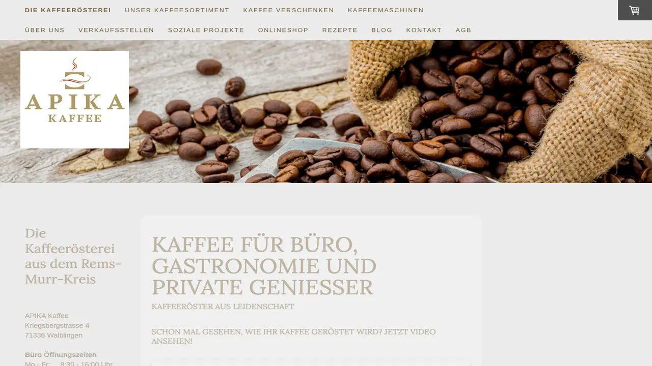 Website der APIKA Kaffeerösterei & Kaffeemaschinen Center