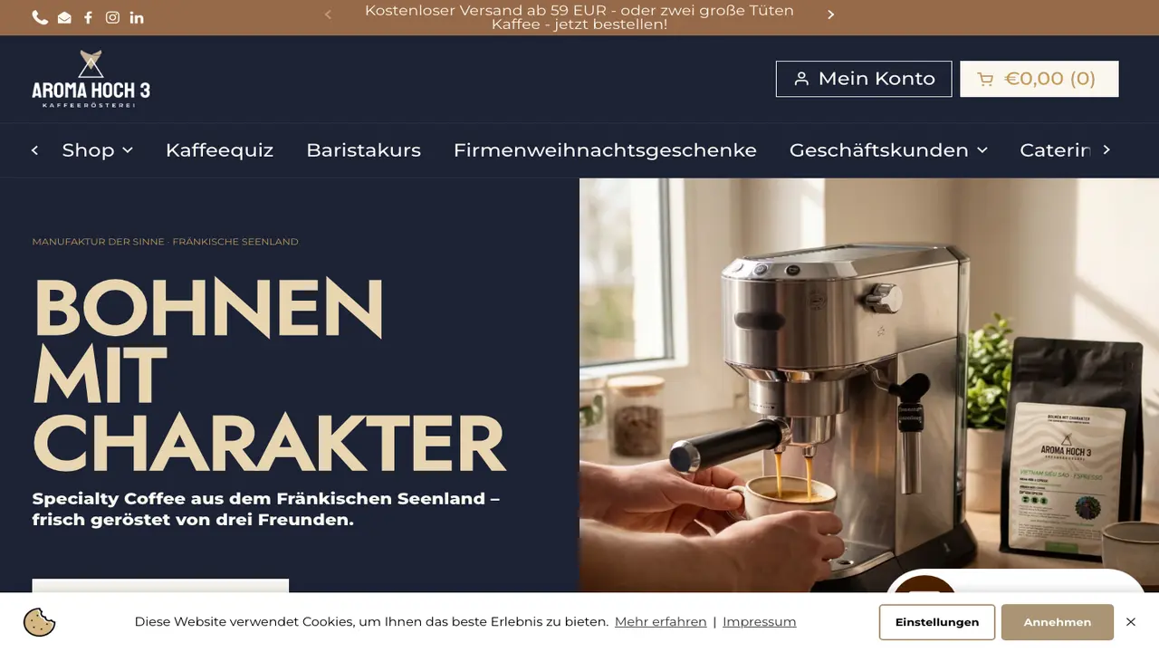 Website der Aroma Hoch 3 - Kaffeerösterei