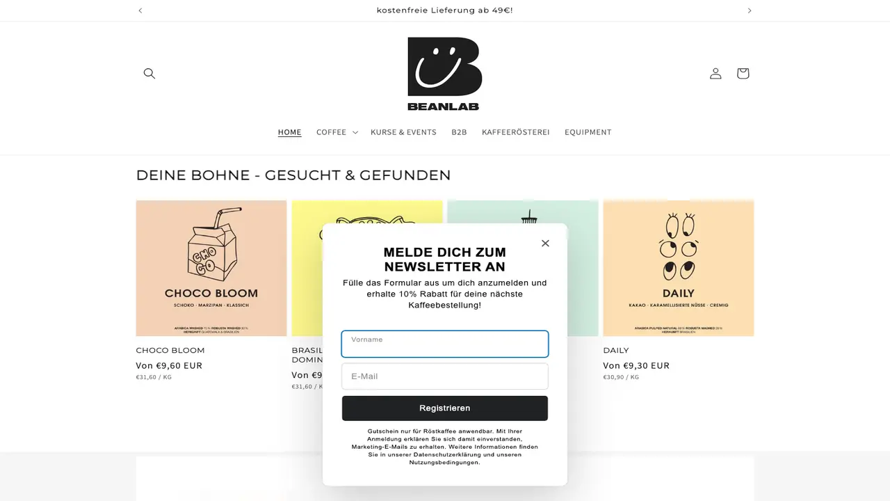 Website der Beanlab Kaffeerösterei Monheim