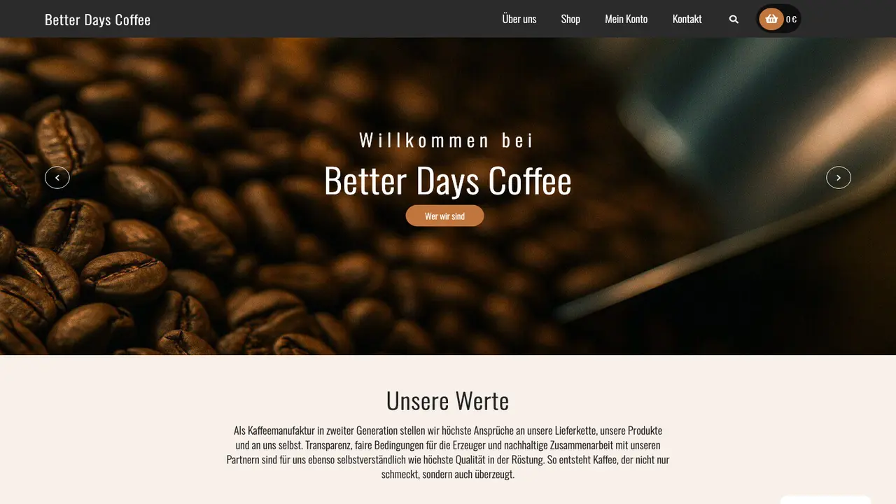 Website der Better Days Coffee Company Kaffeerösterei