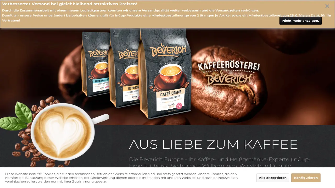 Website der Beverich Rösterei GmbH (Kaffee & InCup)