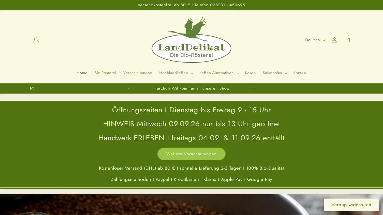 Website der Bio-Rösterei LandDelikat