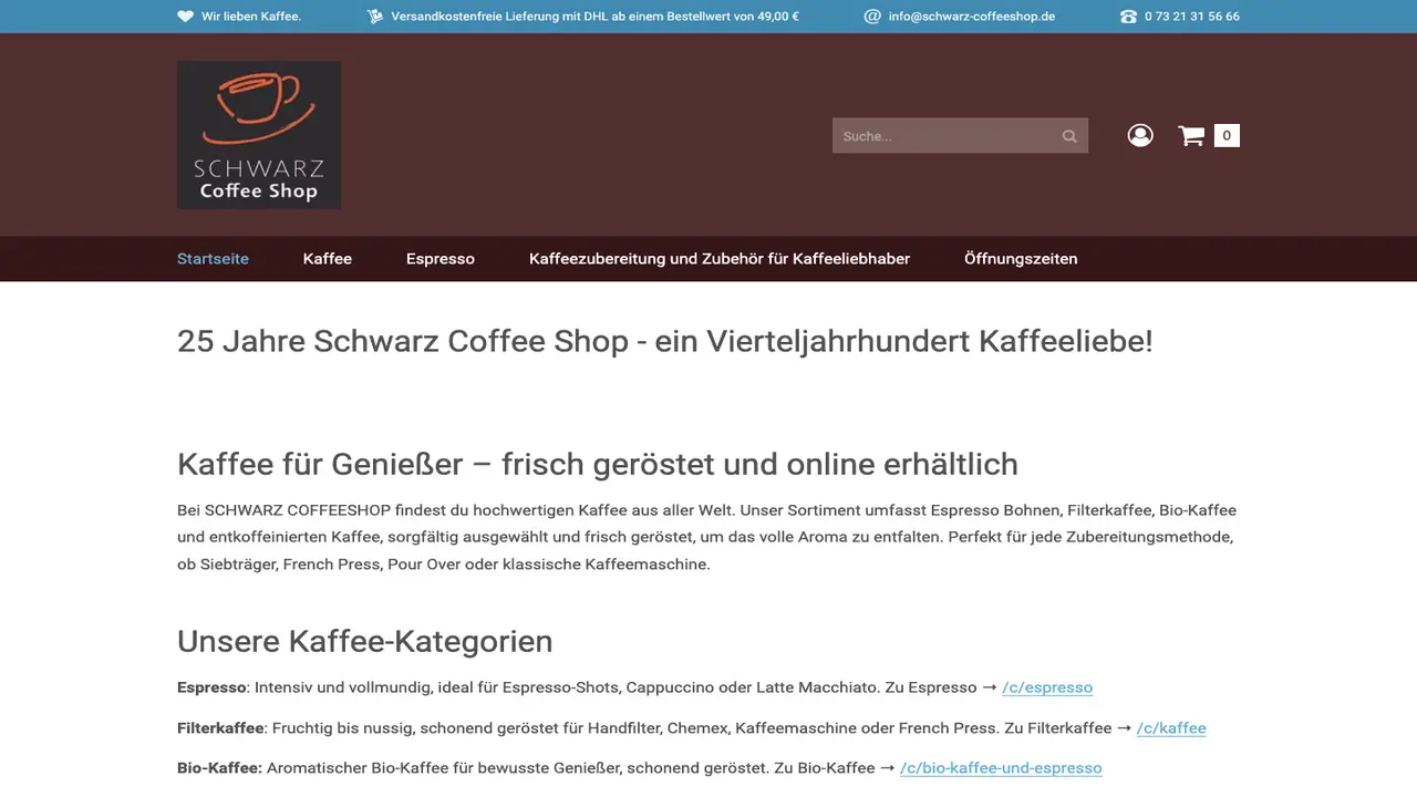 Website der Black Coffee Shop GmbH