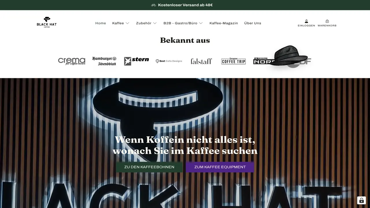 Website der Black Hat Coffee - Specialty Espresso Bar