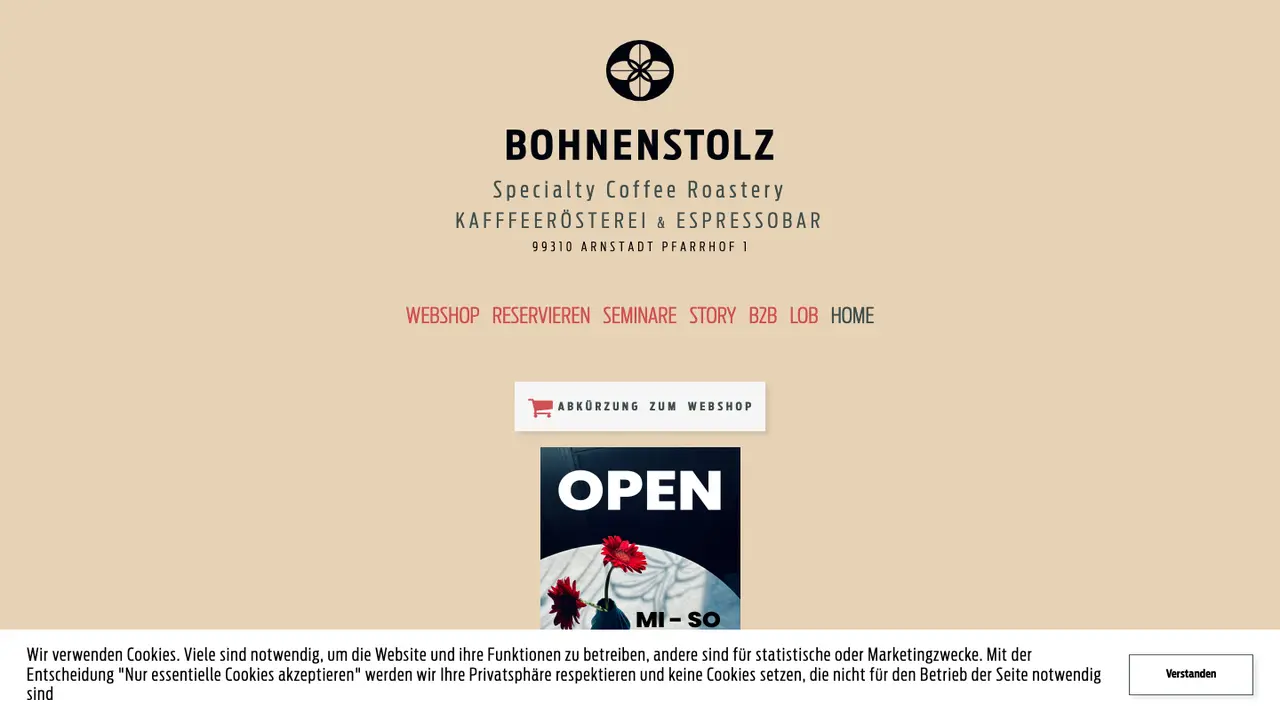 Website der BOHNENSTOLZ | Rösterei & EspressoBar