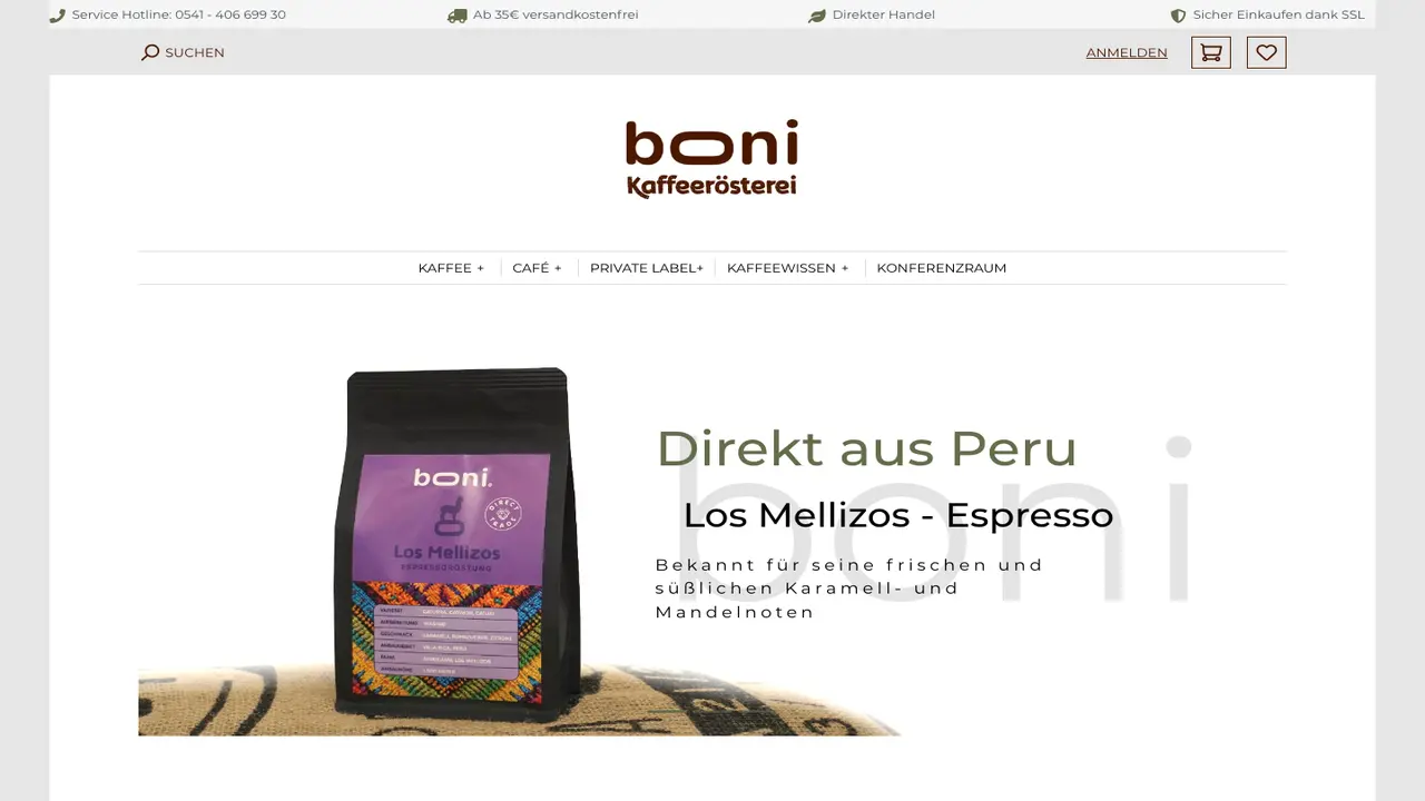 Website der Boni Kaffeerösterei