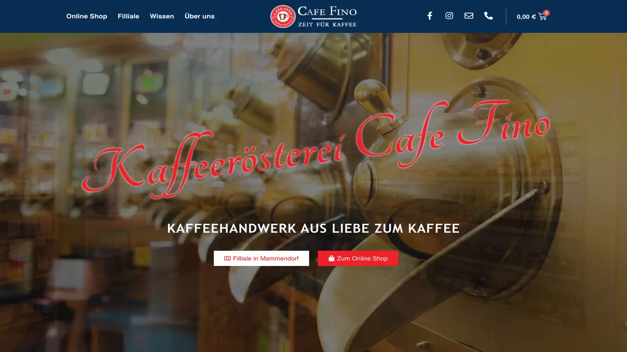Website der Café Fino Kaffeerösterei Mammendorf