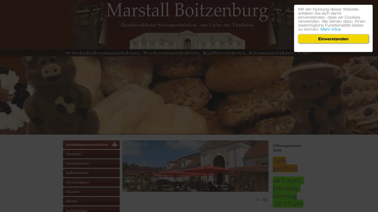 Website der Café, Torten-, Schokoladen- und Eismanufaktur & Kaffeerösterei im Marstall Boitzenburg