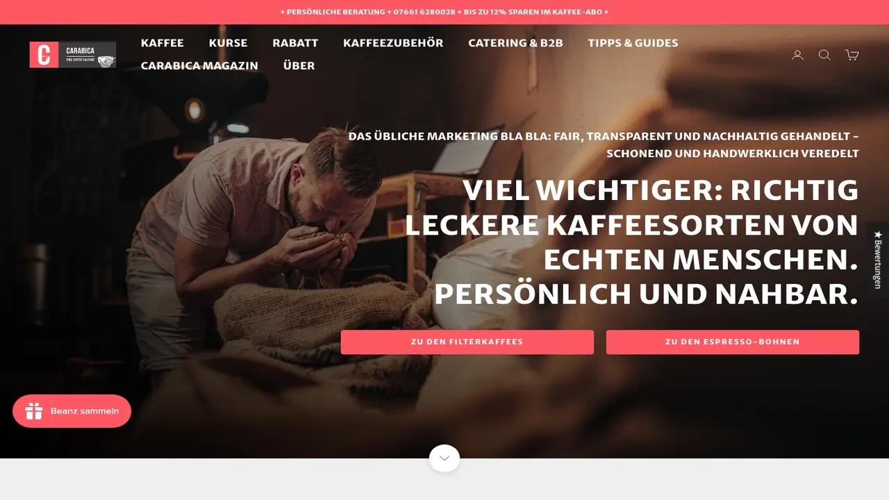 Website der carabica – fine coffee culture
