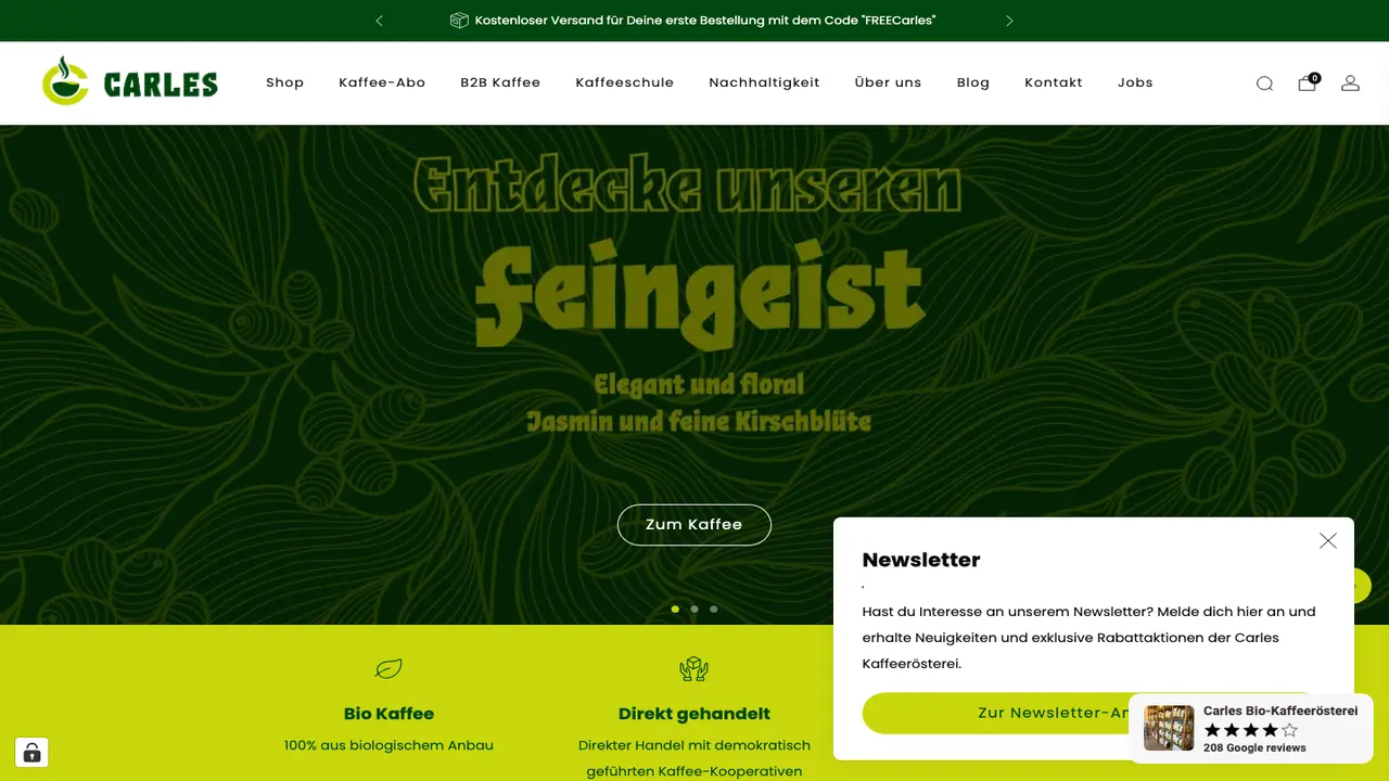 Website der Carles Bio-Kaffeerösterei