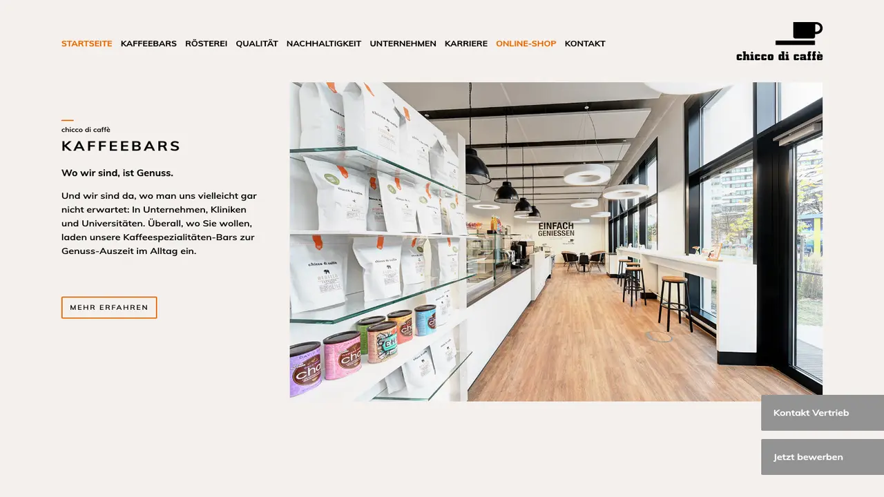 Website der chicco di caffè Gesellschaft für Kaffeedienstleistungen mbH Rösterei