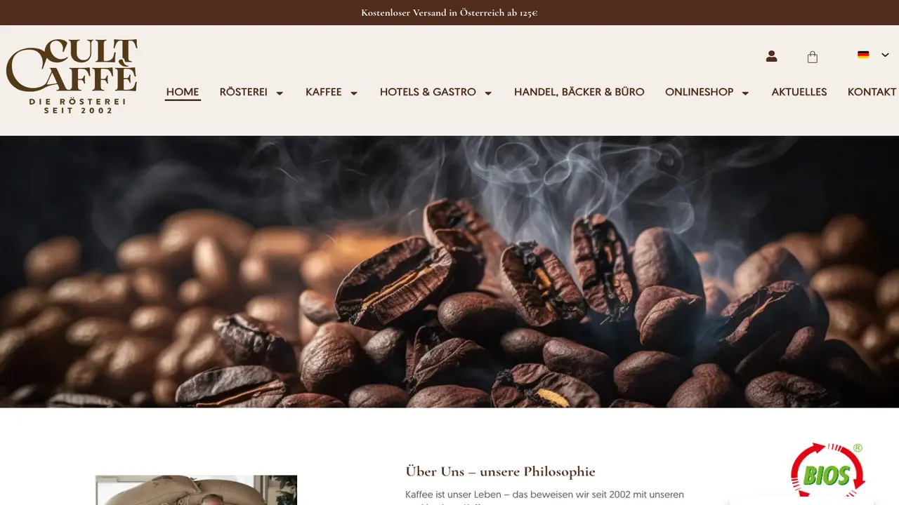 Website der Cult Caffè Kaffeerösterei GmbH