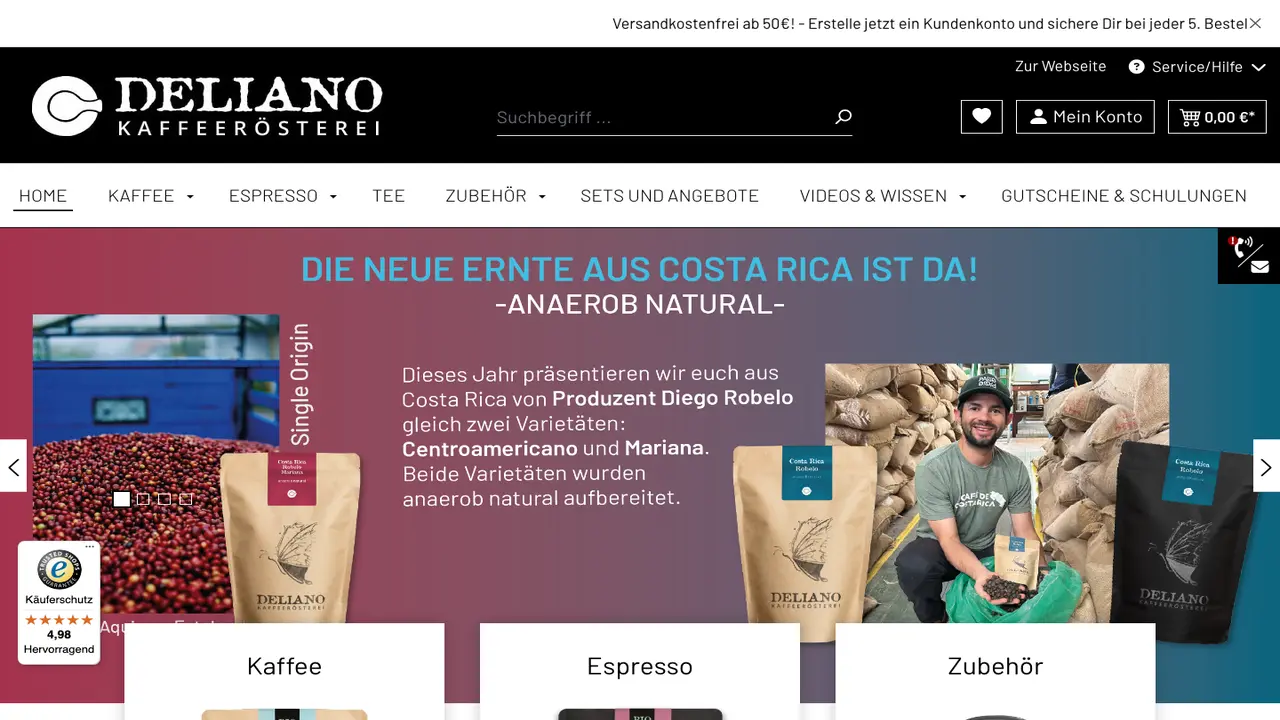 Website der Deliano Kaffeerösterei