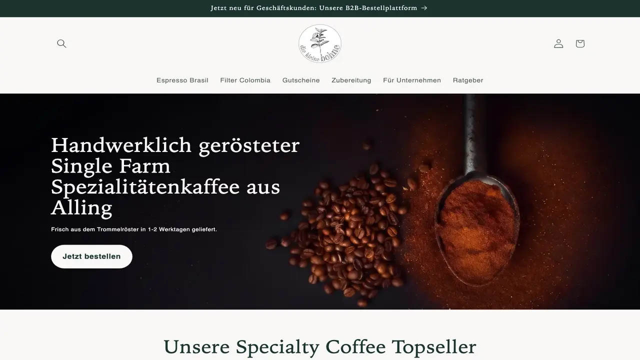 Website der diekleinebohne Kaffeerösterei Lagerverkauf