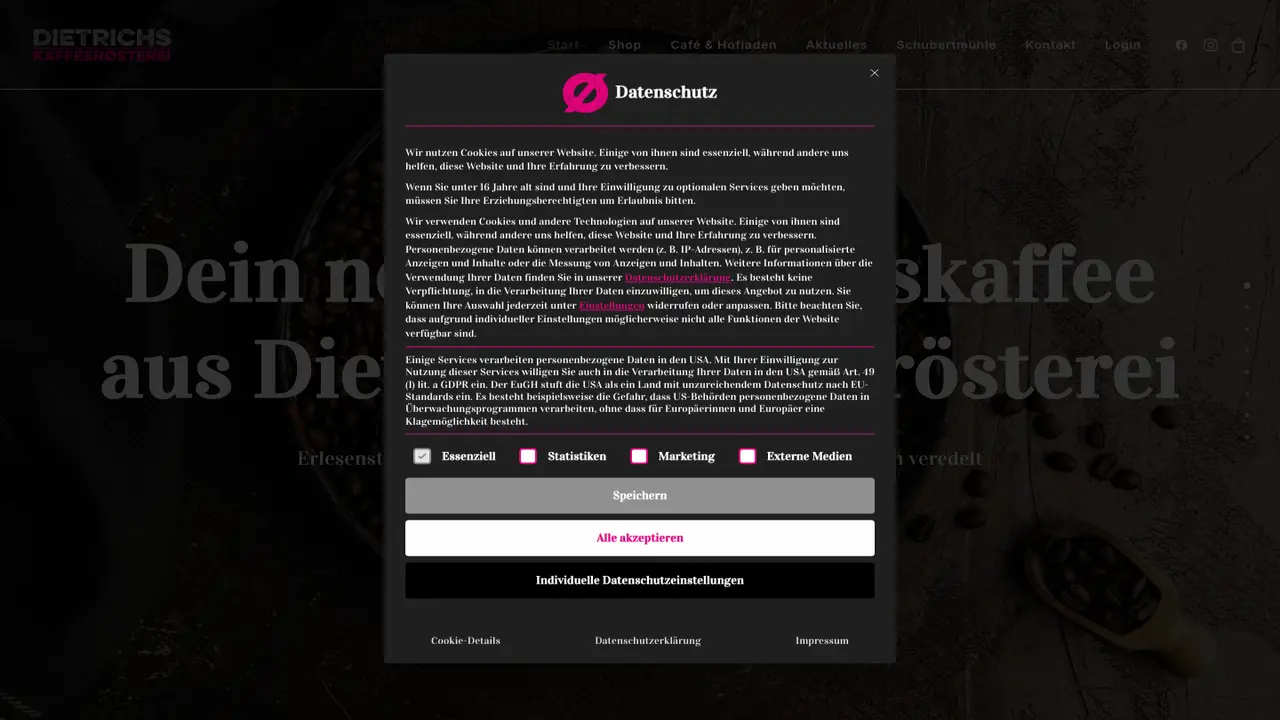 Website der Dietrichs Kaffeerösterei in der Schubertmühle