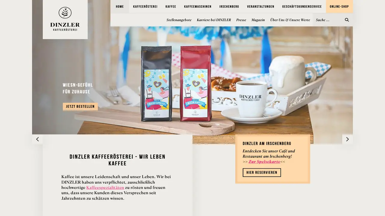 Website der DINZLER Kaffeerösterei