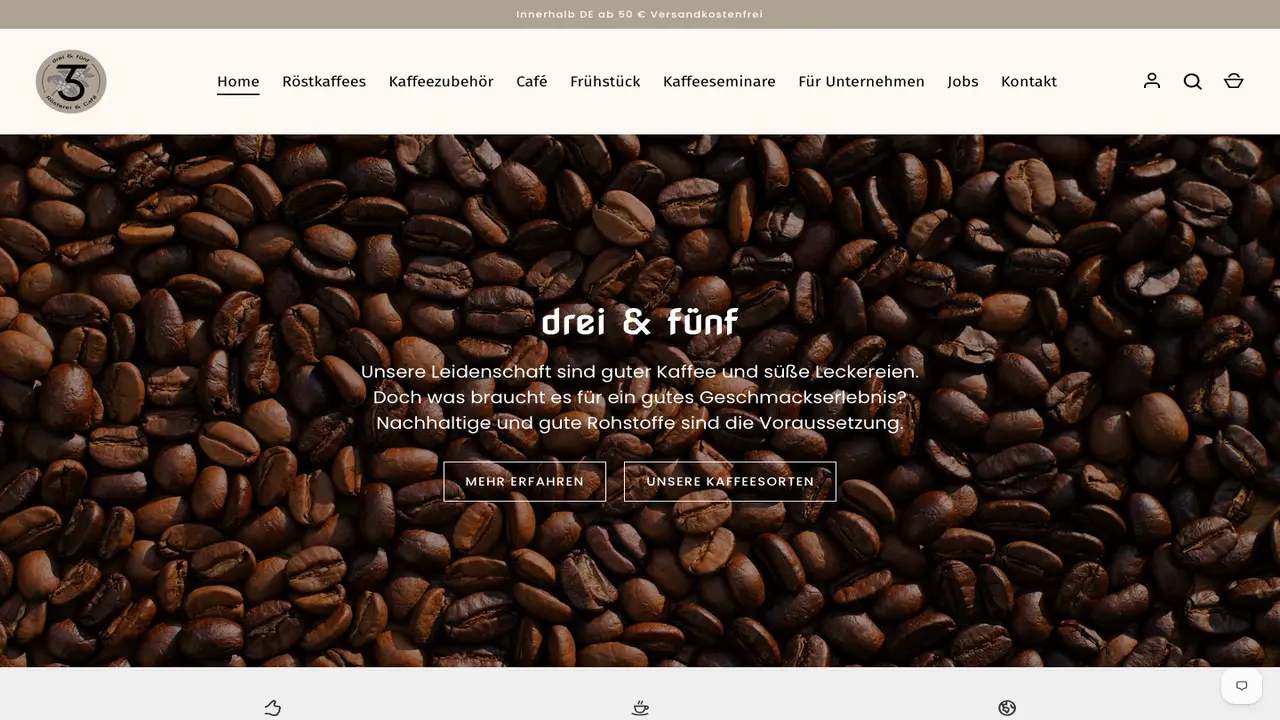 Website der drei & fünf – Rösterei & Café