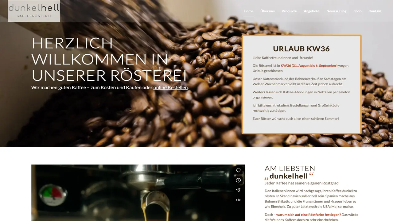 Website der dunkelhell Kaffeerösterei