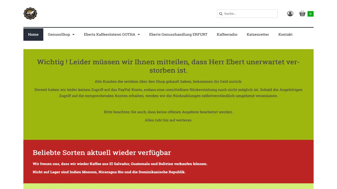 Website der EBERTS Genusshandlung & Kaffeerösterei, Erfurt