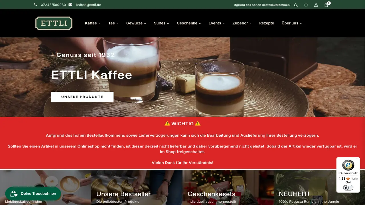 Website der Ettli Kaffee