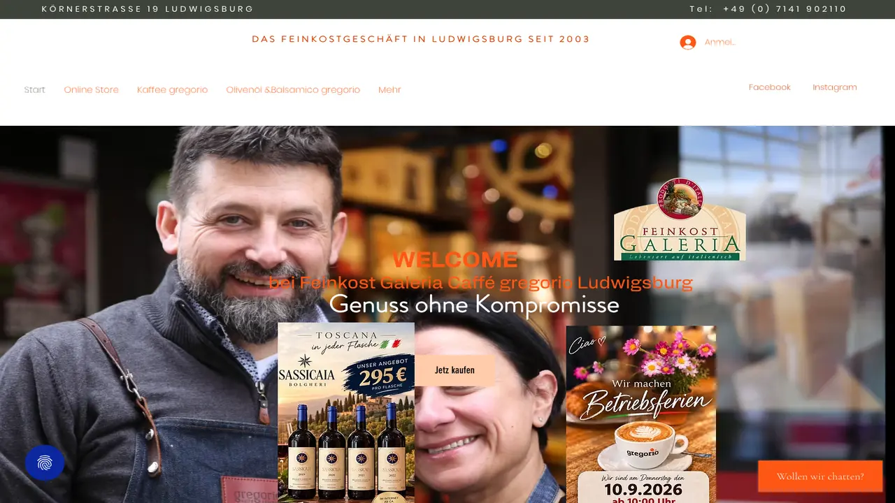 Website der Feinkost Galeria caffé gregorio Ludwigsburg
