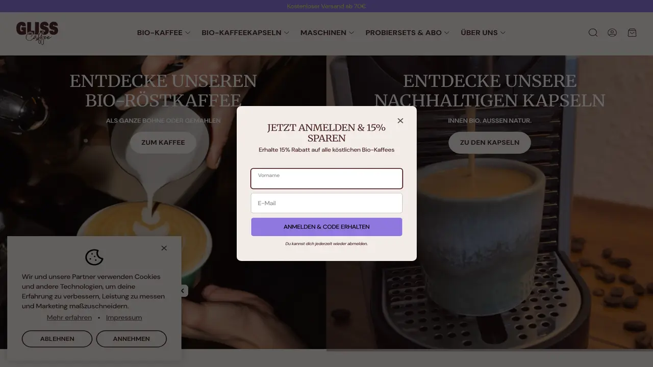 Website der Gliss Kaffee