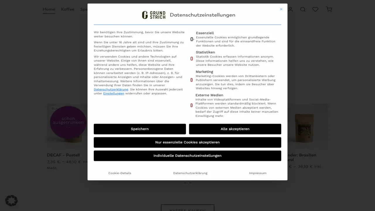 Website der Grundstrich Atelier Kaffee