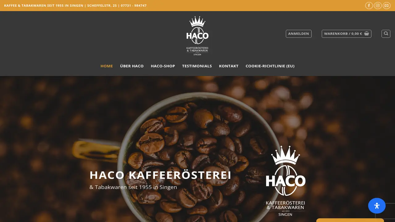Website der Haco Kaffeerösterei & Tabakwaren