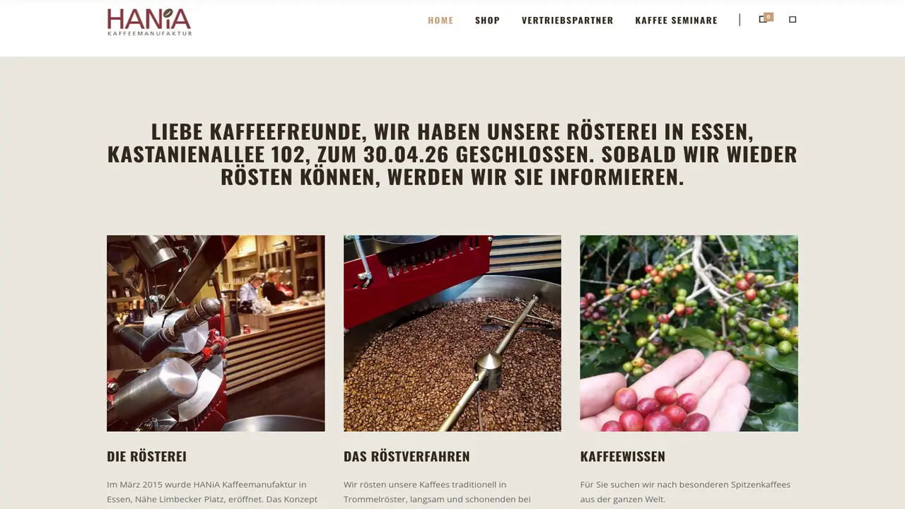 Website der HANiA Kaffeemanufaktur