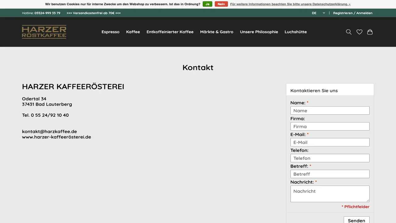 Website der Harzer Kaffeerösterei