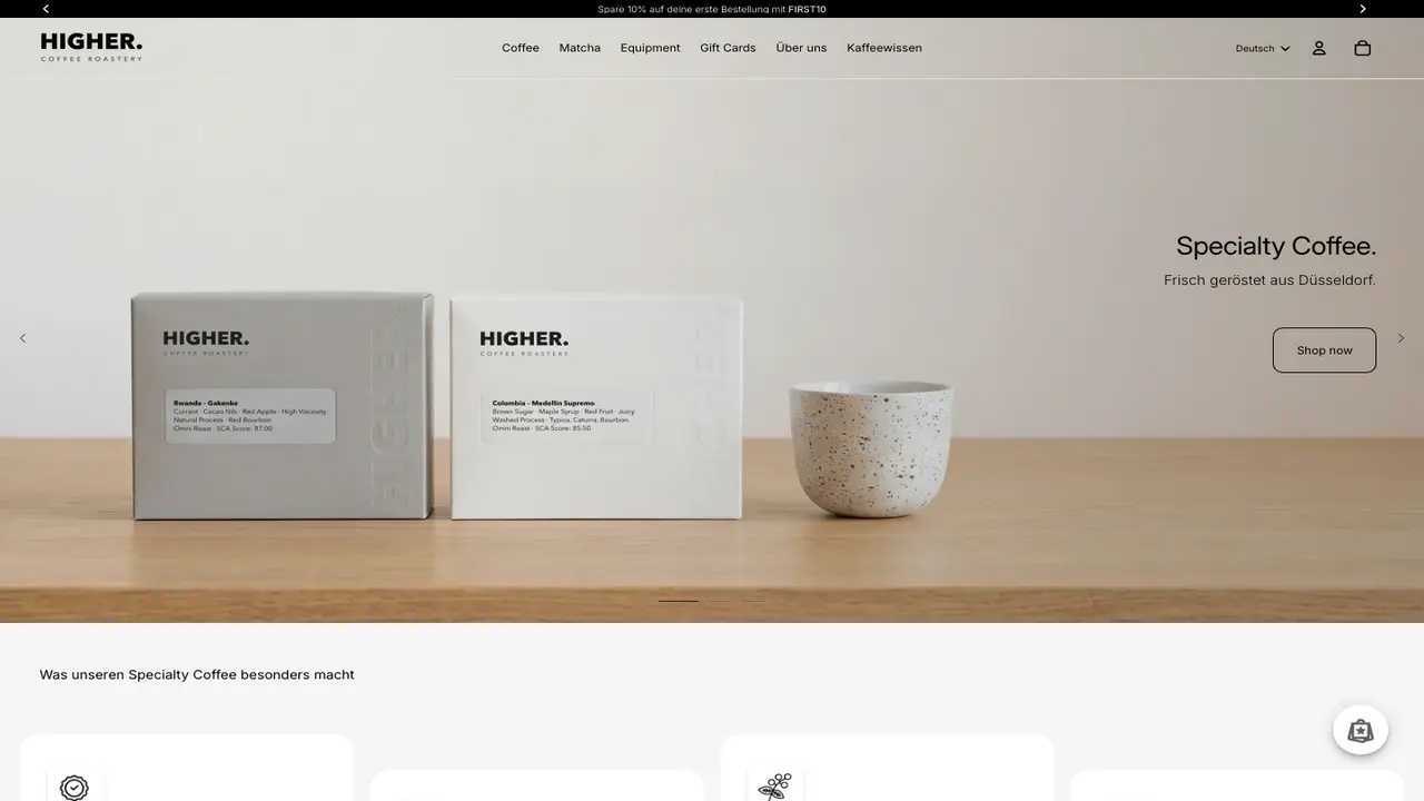 Website der Higher Coffee Roastery