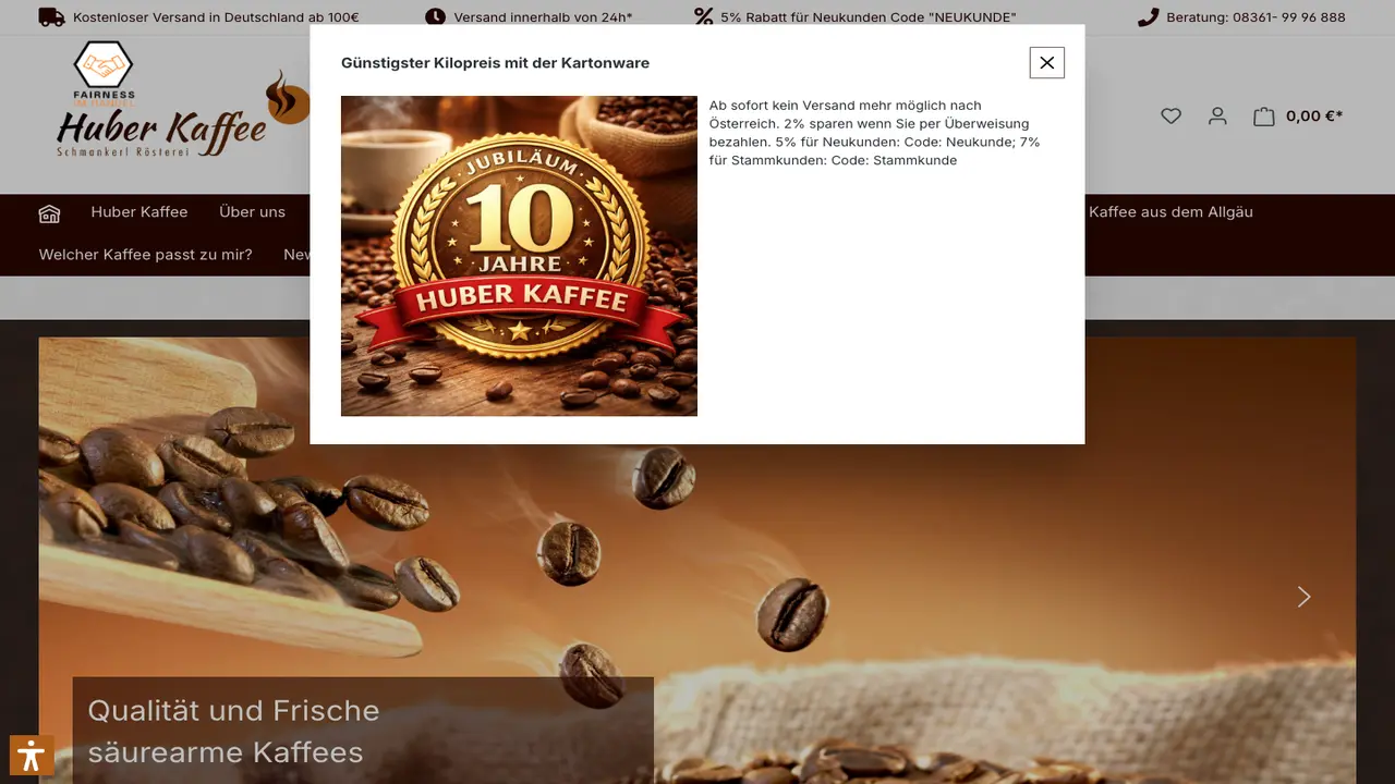 Website der Huber Kaffee | Kaffee- Rösterei
