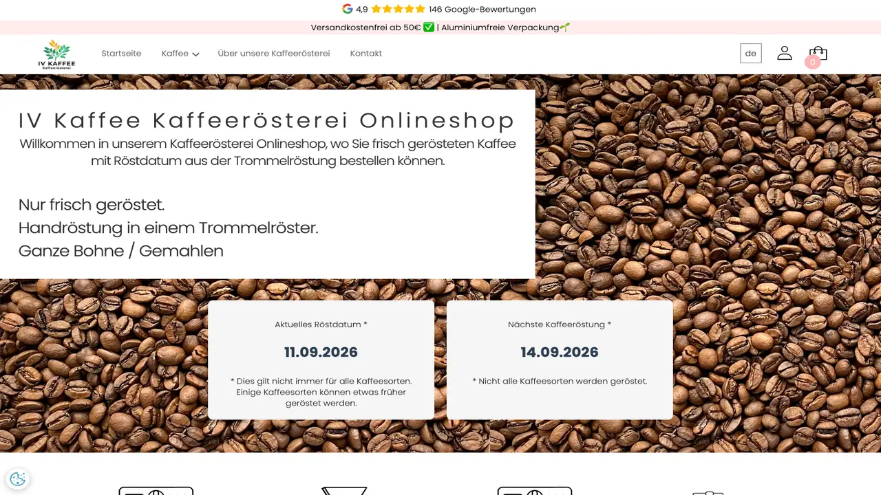 Website der IV Kaffee Kaffeerösterei Onlineshop