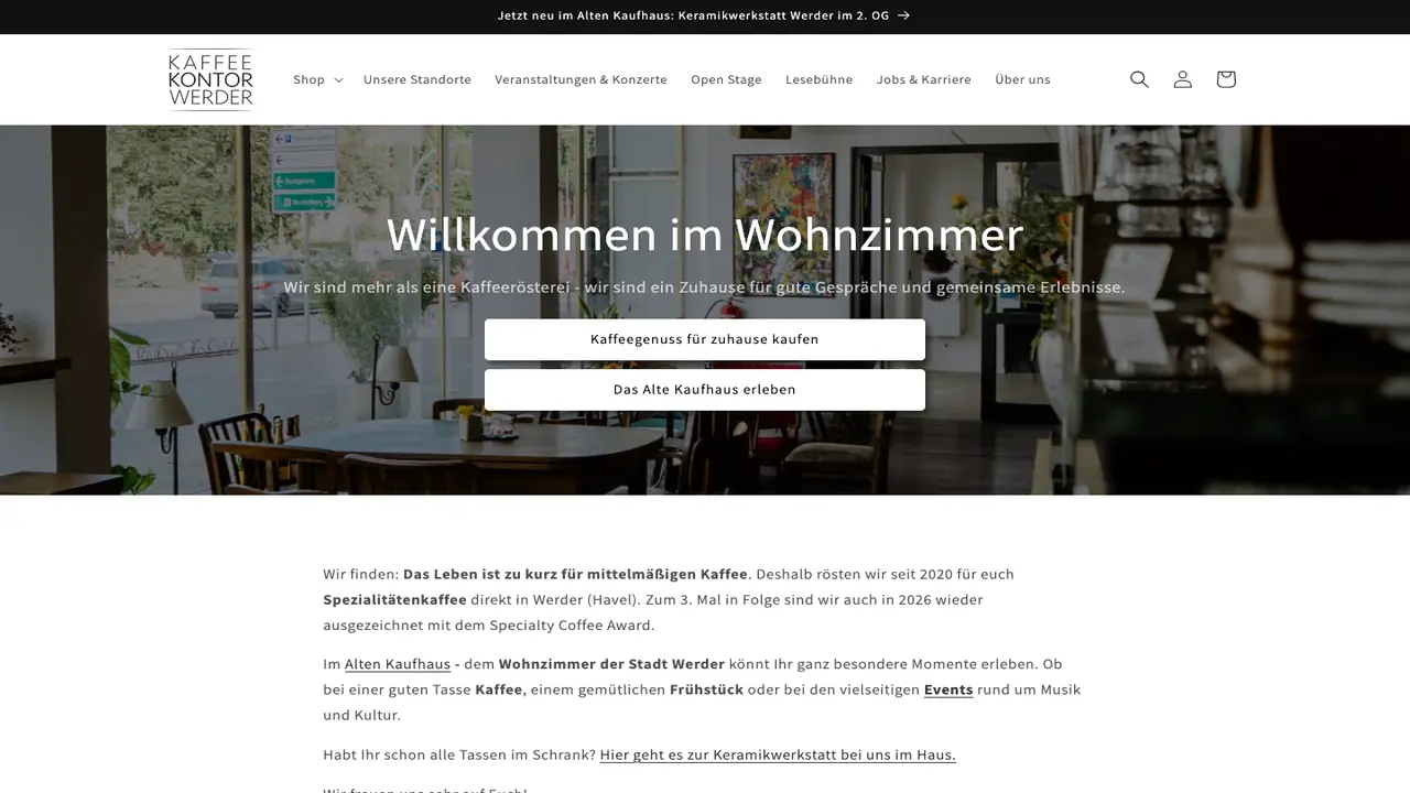 Website der Kaffee Kontor Werder- Lendelhaus