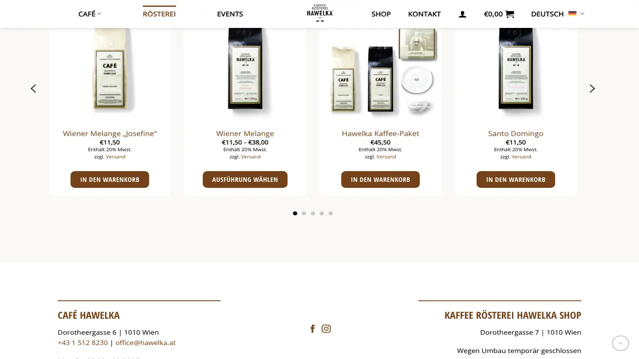 Website der Kaffee Rösterei Hawelka