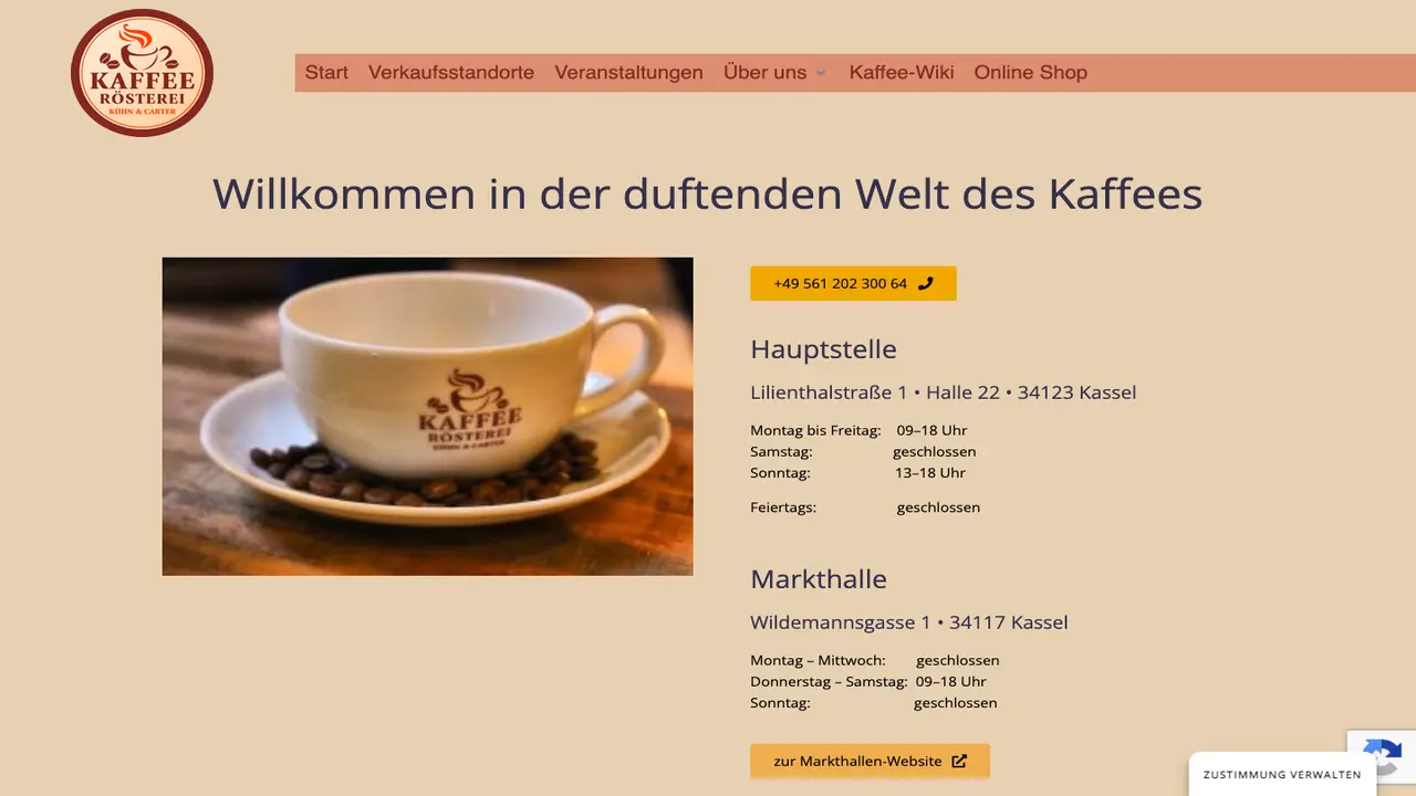 Website der Kaffee Rösterei Kühn & Carter