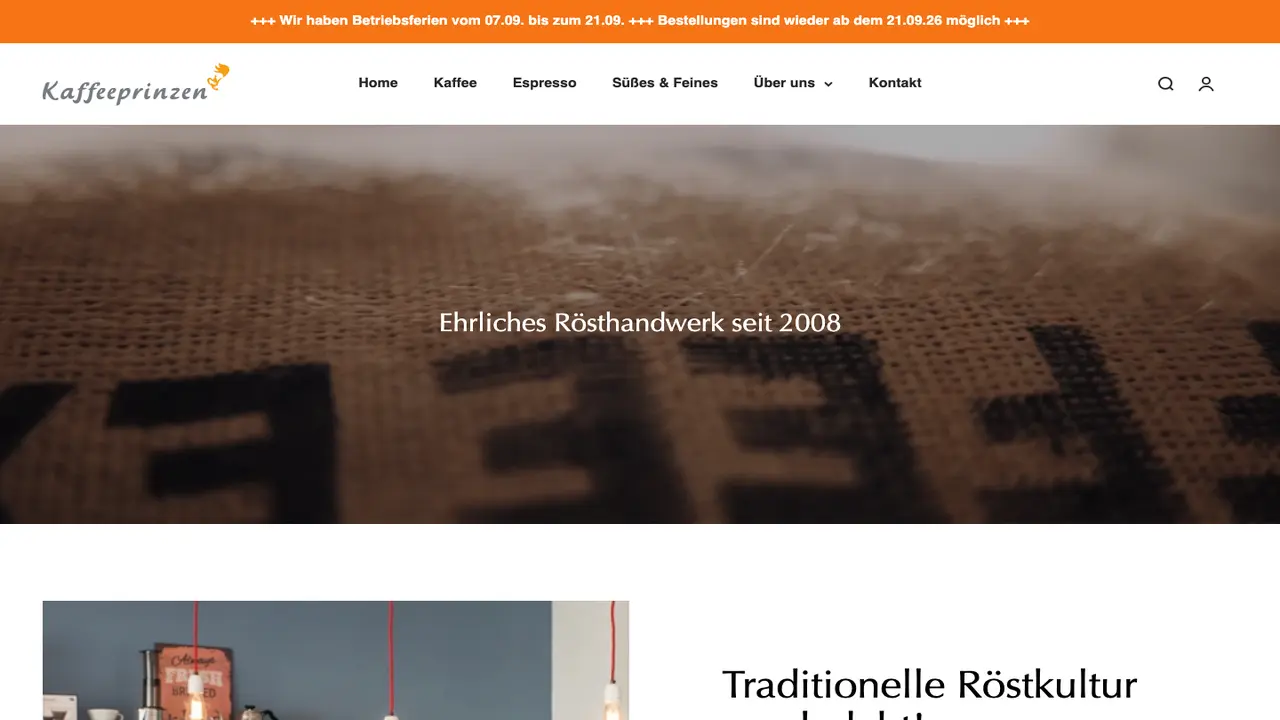 Website der Kaffeeprinzen Rösterei