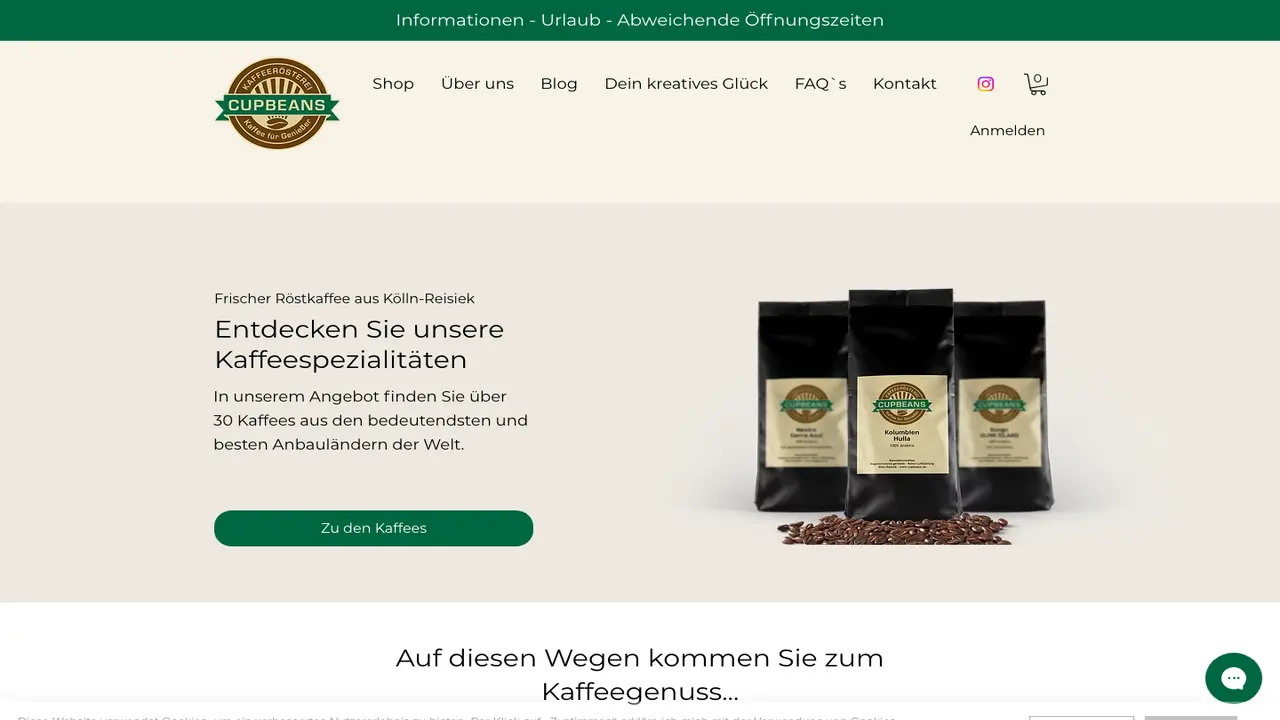 Website der Kaffeerösterei CUPBEANS
