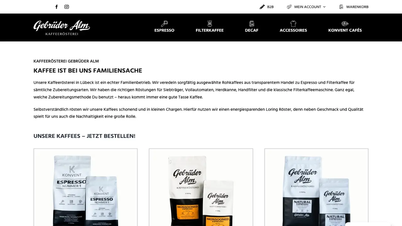 Website der Kaffeerösterei Gebrüder Alm
