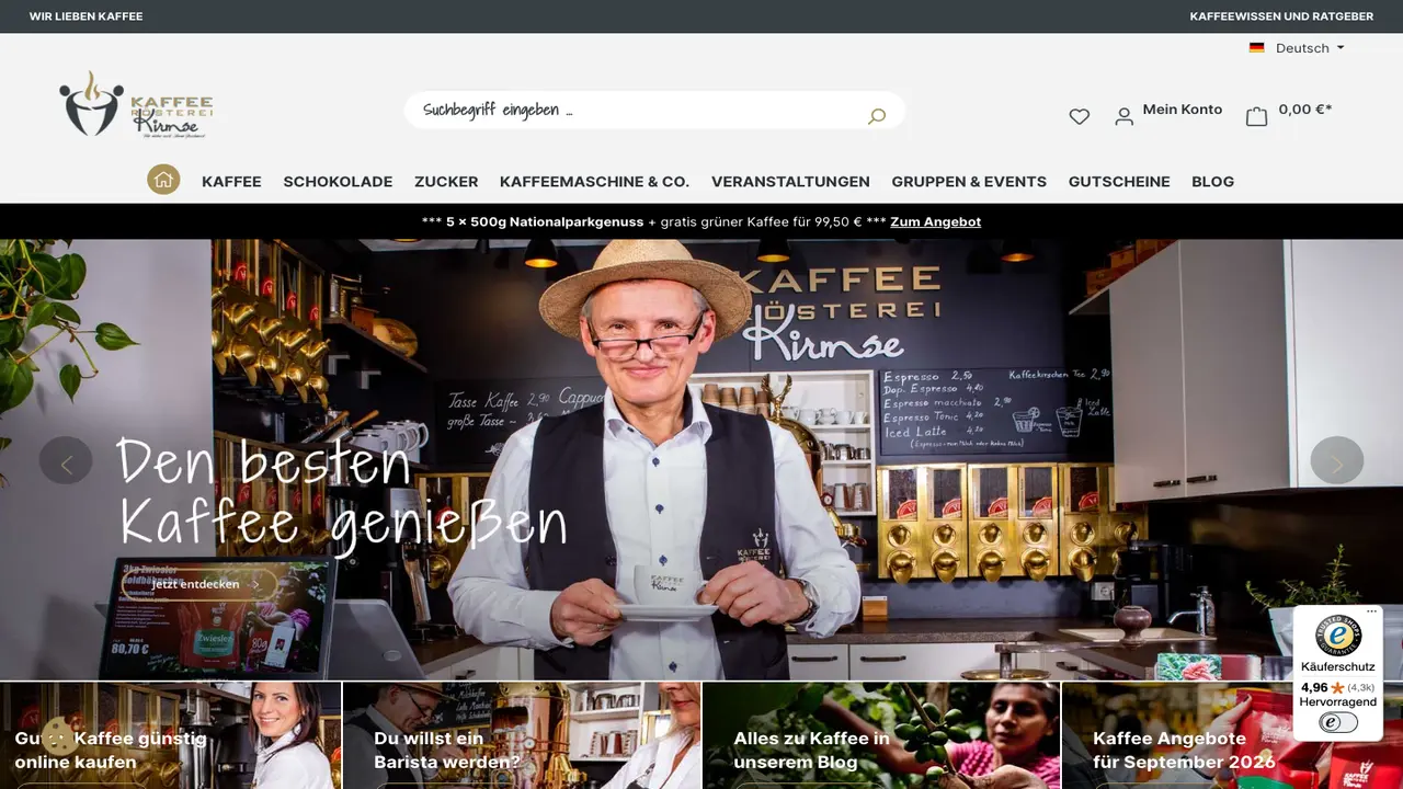 Website der Kaffeerösterei Kirmse