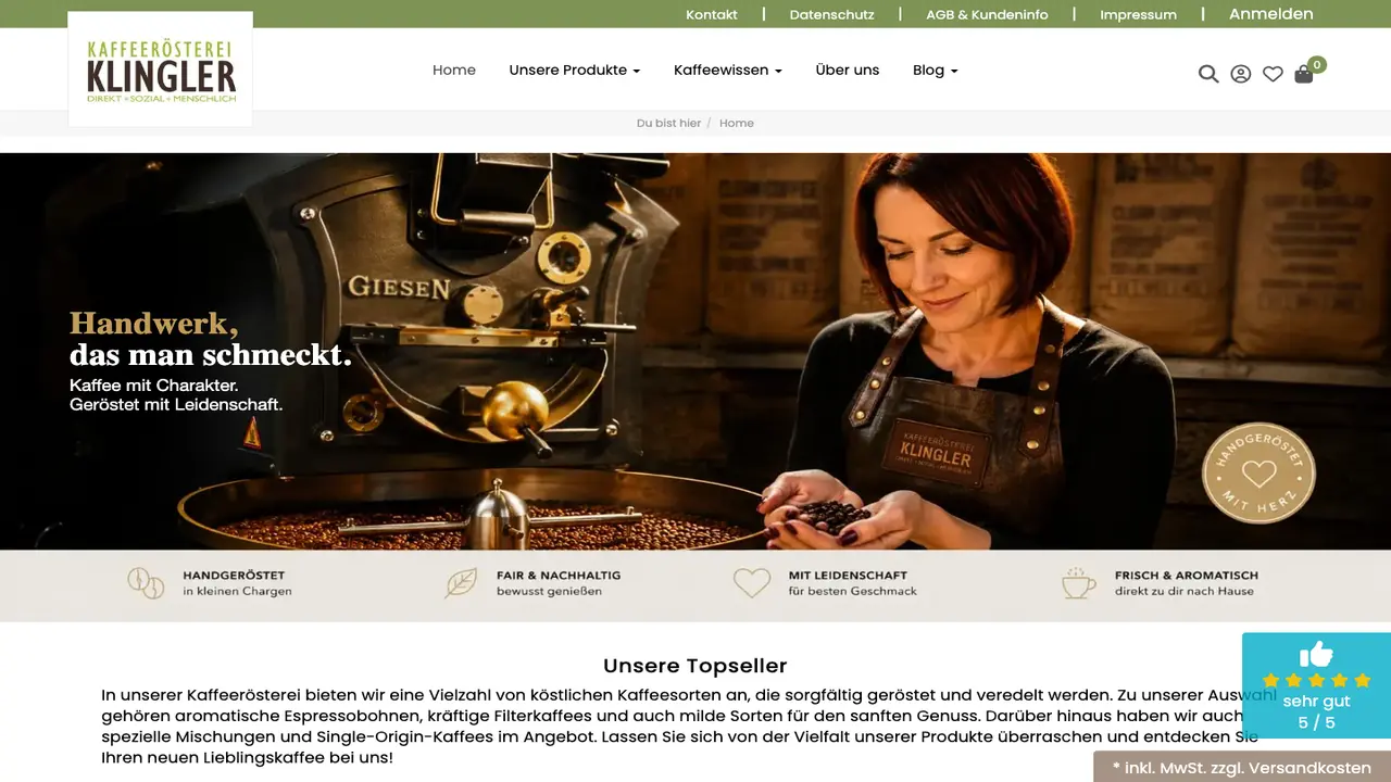 Website der Kaffeerösterei Klingler