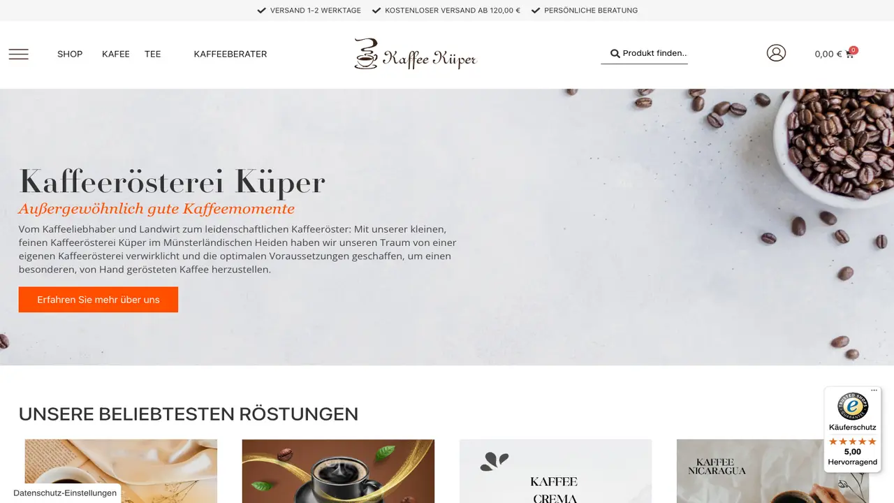 Website der Kaffeerösterei Küper