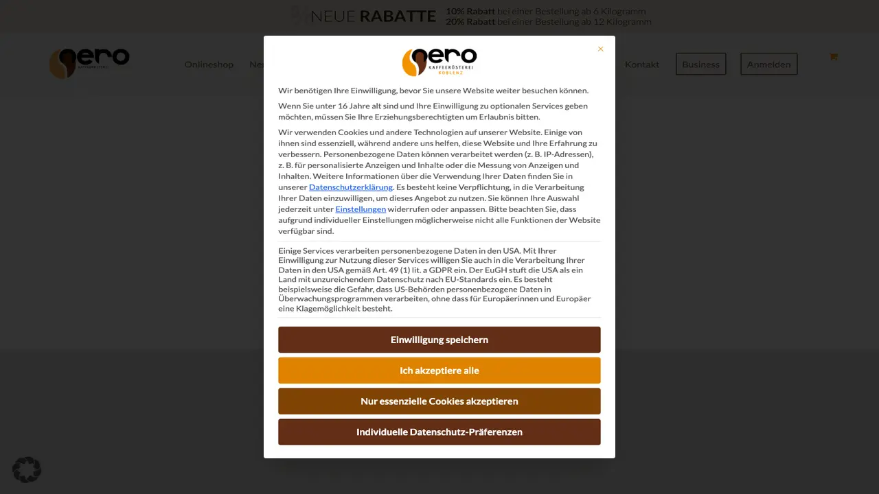 Website der Kaffeerösterei NERO