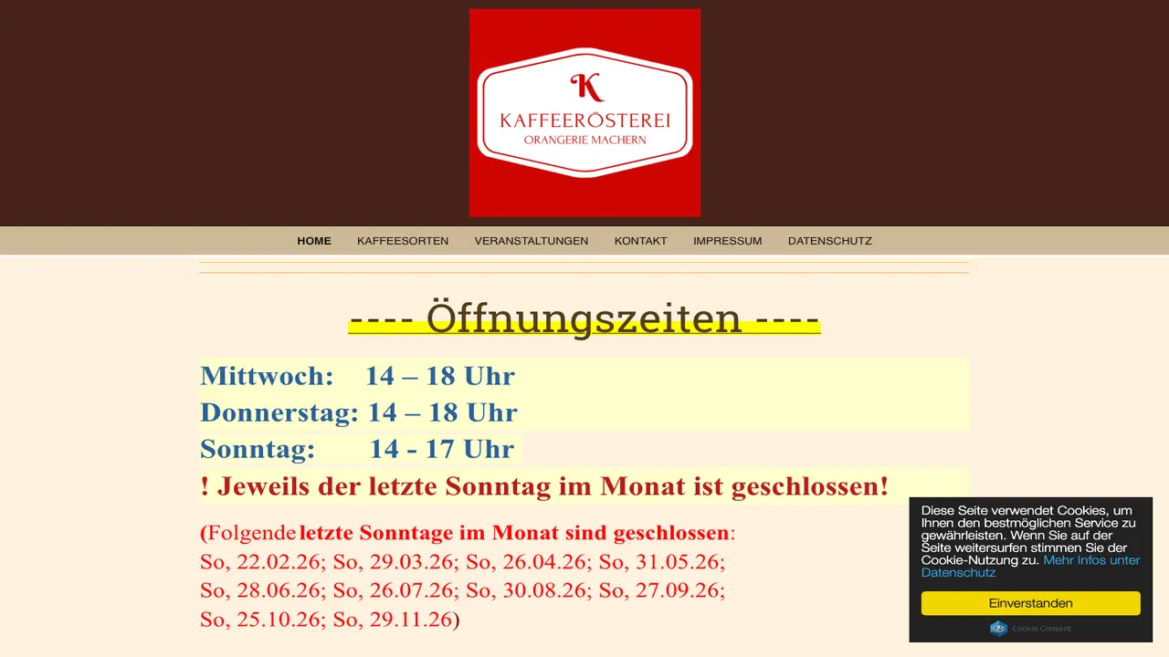 Website der Kaffeerösterei Orangerie Machern
