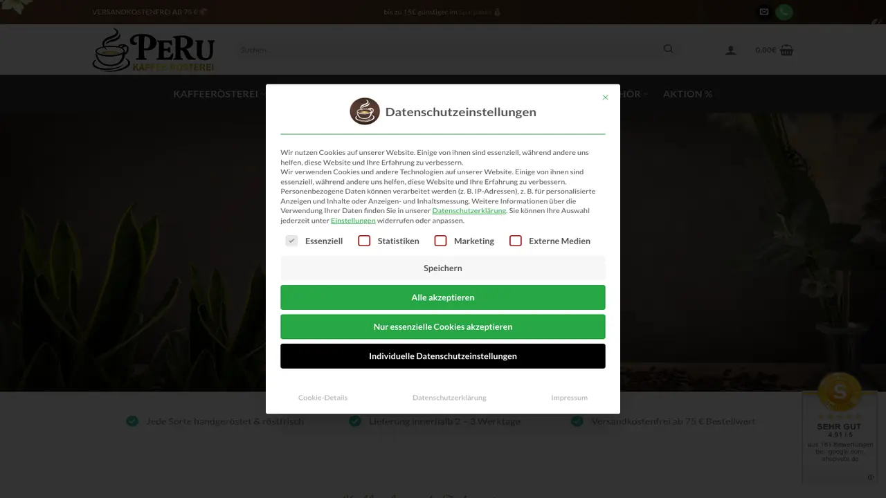 Website der Kaffeerösterei PeRu